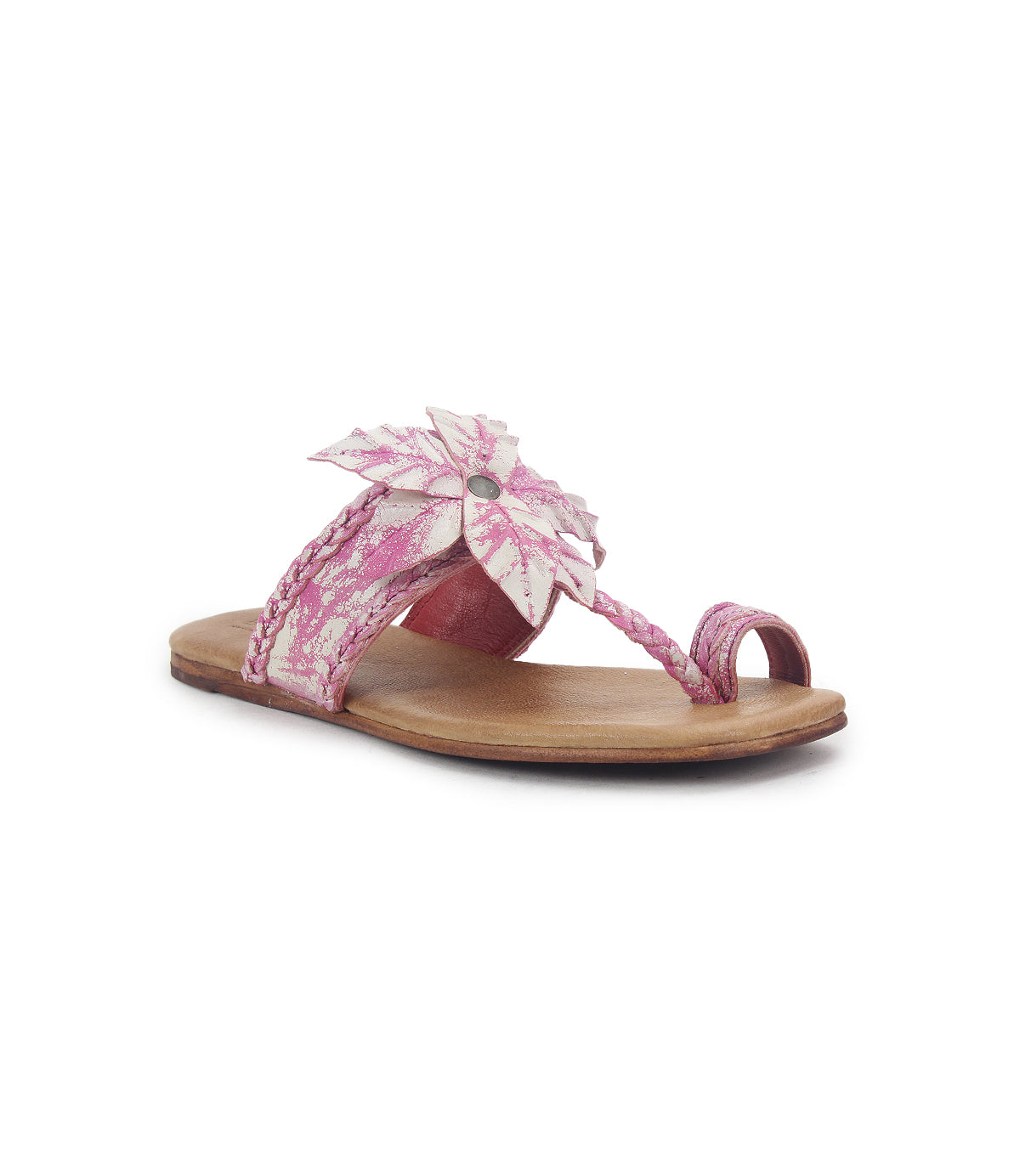 The Isobel sandal by Bed|Stü features a pink leather braided thong strap, toe loop, and a bold floral accent on a flat wooden sole—ideal for effortless summer style.
