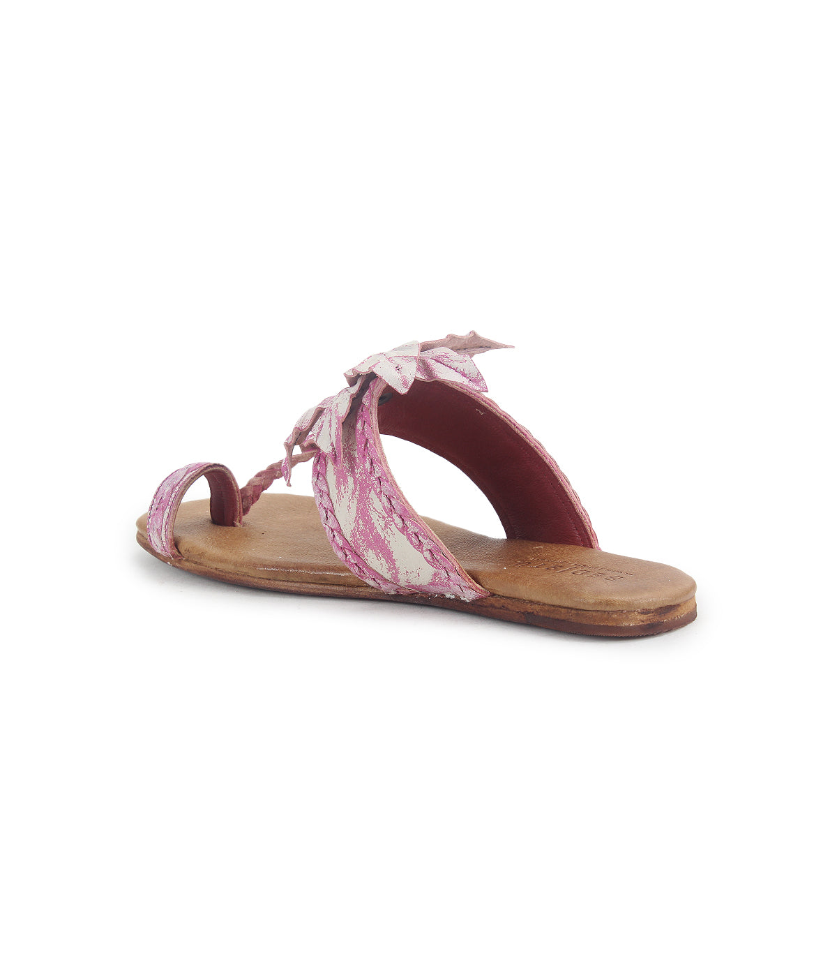 The Isobel sandal by Bed|Stü is a single flat design with a wooden sole, pink and white patterned straps highlighted by a delicate braided strap and a charming bow detail, shown from a rear side angle against a white background—perfect for effortless summer looks.