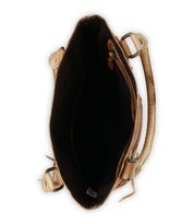 Top view of the Bed|Stü Italic tote bag in brown leather, showcasing its dark interior, visible handle, buckles, and a small inside pocket. This bag is designed with padded shoulder straps for added comfort.