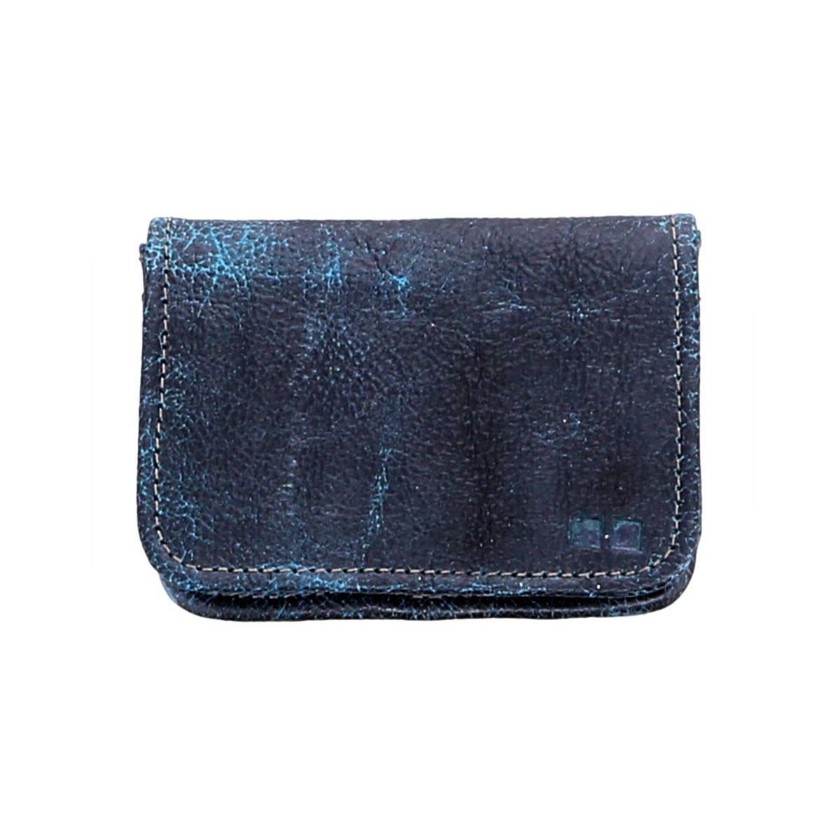 A small, rectangular Jeor card wallet by Bed|Stü, crafted from rustic dark blue leather with visible wear and light blue scuff marks, featuring credit card slots and photographed against a white background.