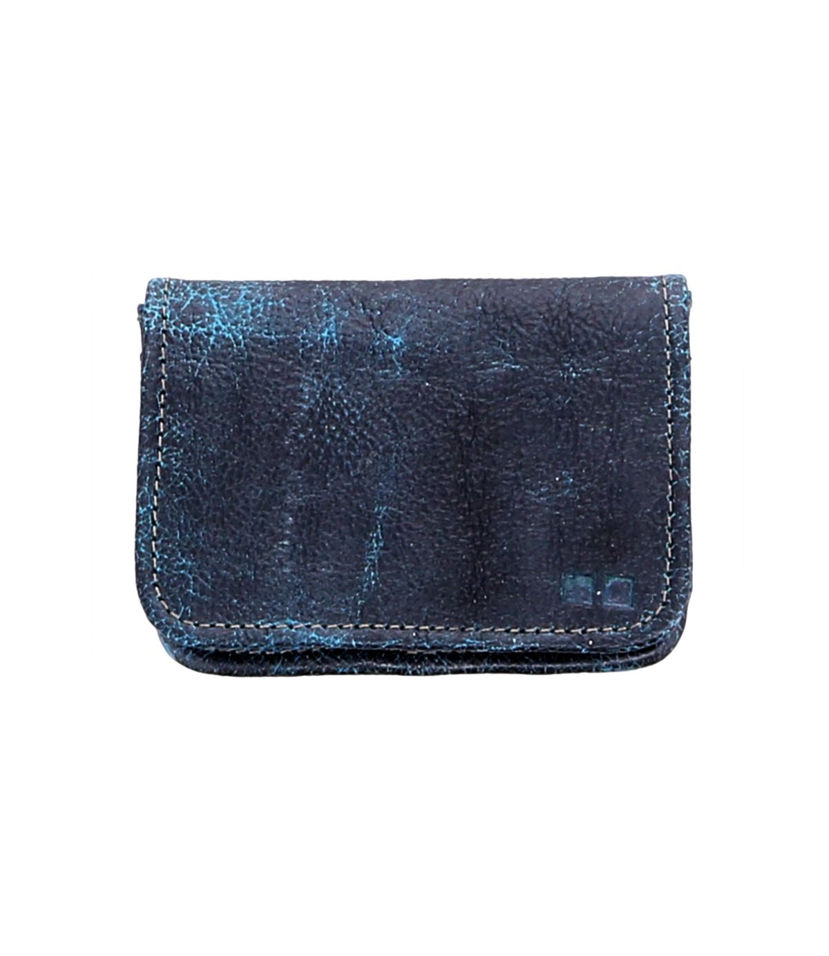 A small, rectangular Jeor card wallet by Bed|Stü, crafted from rustic dark blue leather with visible wear and light blue scuff marks, featuring credit card slots and photographed against a white background.