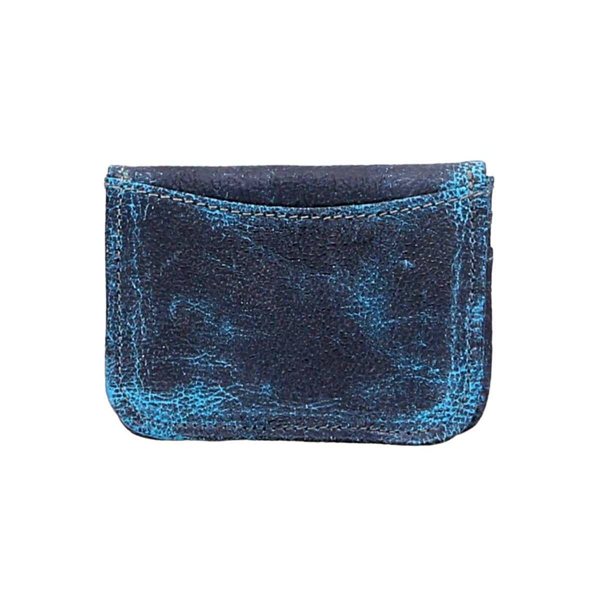 A compact, rectangular, distressed blue Jeor leather card wallet by Bed|Stü with visible stitching and convenient credit card slots, shown against a white background.