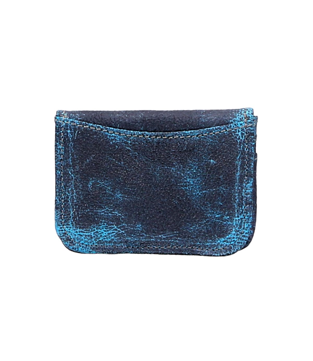 A compact, rectangular, distressed blue Jeor leather card wallet by Bed|Stü with visible stitching and convenient credit card slots, shown against a white background.