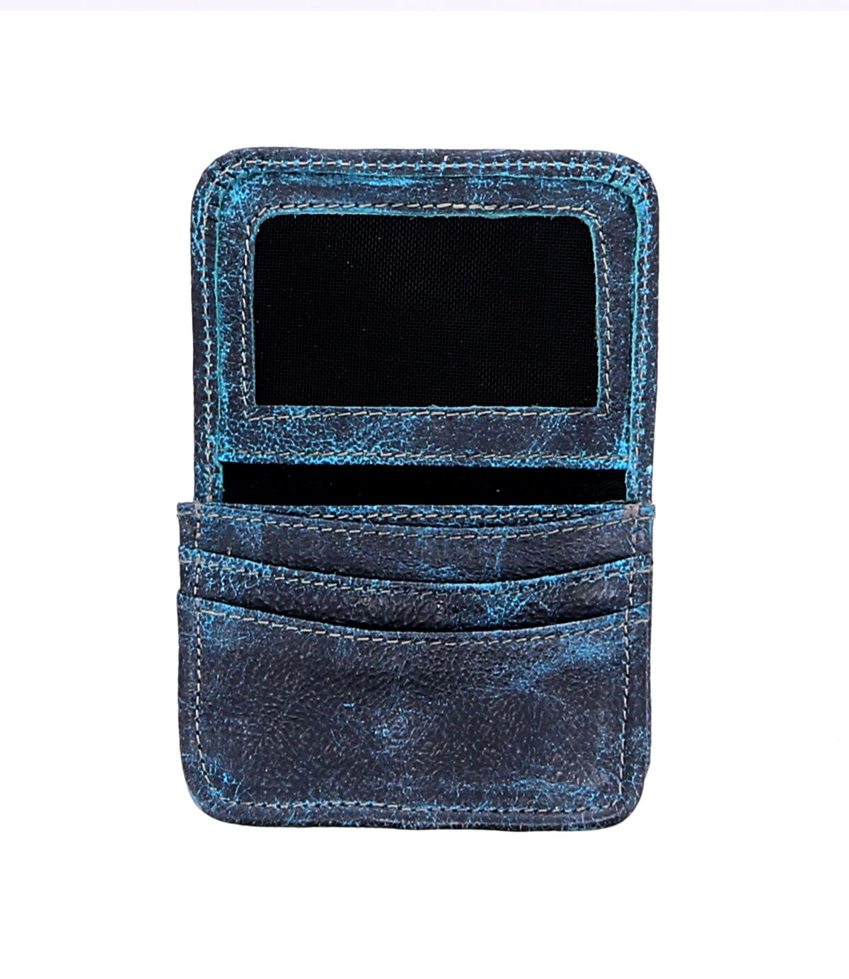 A worn blue Jeor leather card wallet by Bed|Stü is open to reveal two credit card slots and a transparent ID window.