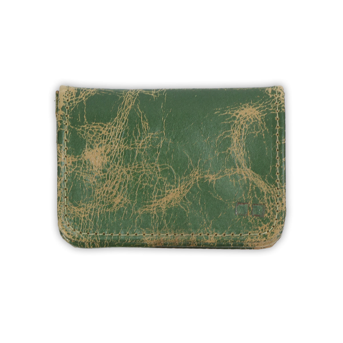 A distressed green leather card wallet, the Jeor by Bed|Stü, features visible cracks and scuffs and includes dedicated credit card slots, displayed on a plain white background.