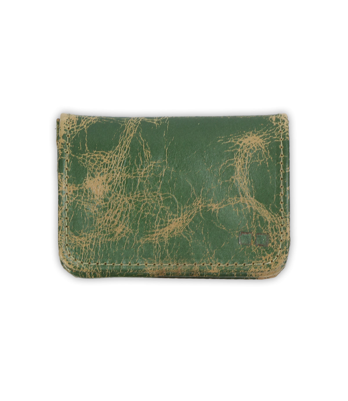 A distressed green leather card wallet, the Jeor by Bed|Stü, features visible cracks and scuffs and includes dedicated credit card slots, displayed on a plain white background.