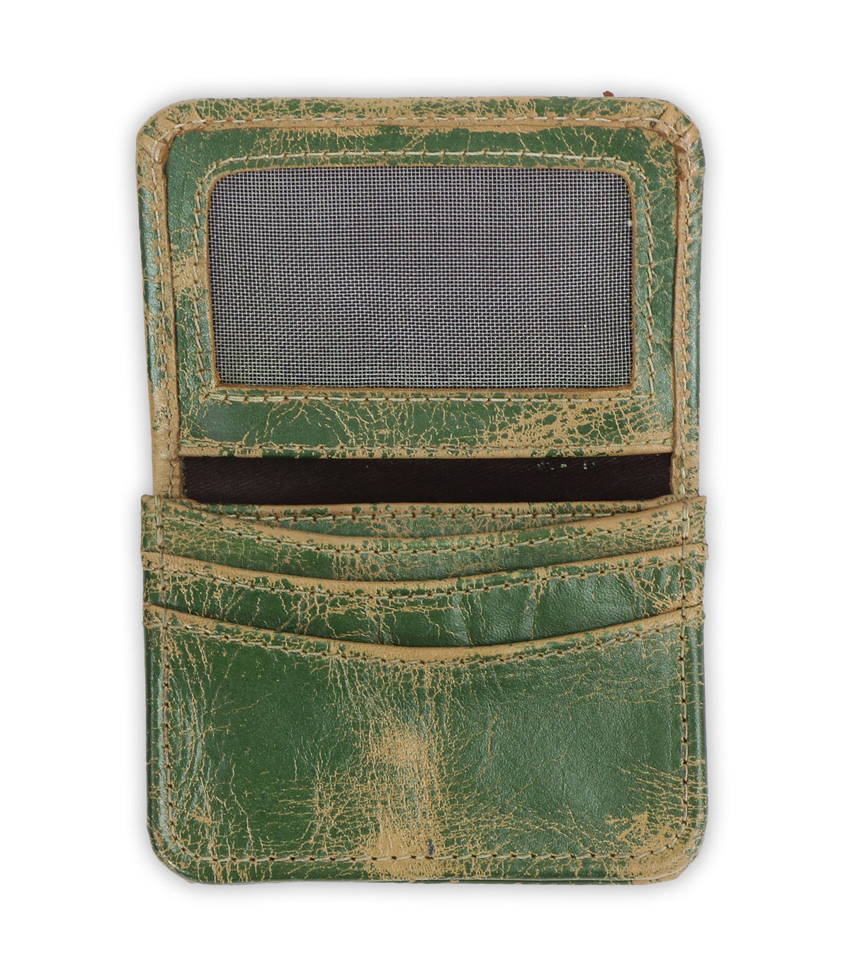 A worn green rustic leather Jeor card wallet by Bed|Stü, featuring a transparent ID window and two credit card slots, is displayed open against a white background.