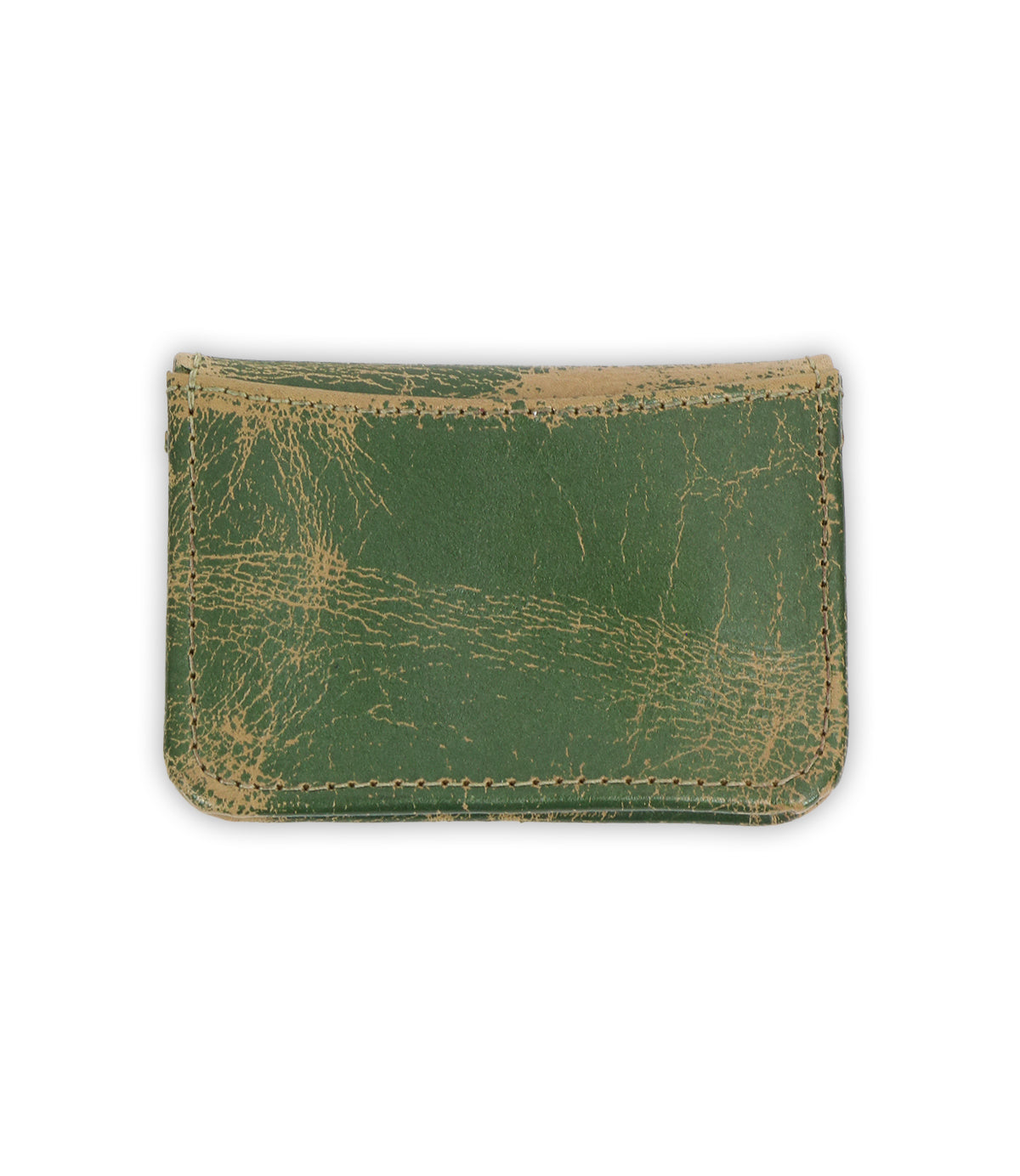 The Jeor compact wallet by Bed|Stü is crafted from rustic green leather with visible scratches and a distressed texture. It features multiple credit card slots and is photographed on a white background.