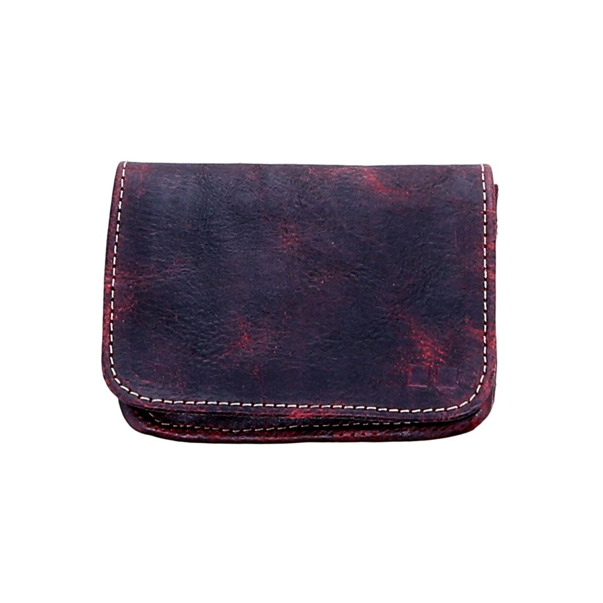 The Bed|Stü Jeor card wallet, crafted in closed, dark brown rustic leather with red undertones and white stitching, is displayed against a plain white background.