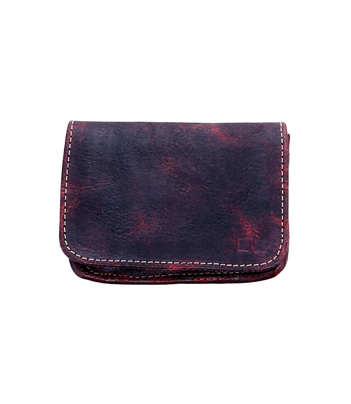 The Bed|Stü Jeor card wallet, crafted in closed, dark brown rustic leather with red undertones and white stitching, is displayed against a plain white background.