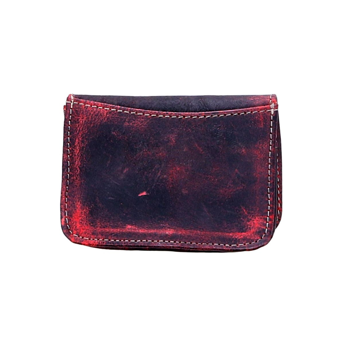 Introducing the Jeor by Bed|Stü: a compact, rectangular card wallet crafted from rustic leather with distinctive red wear marks and contrasting white stitching. Designed for convenience, it features practical credit card slots and is showcased against a clean white background.