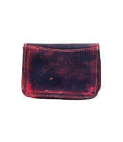 Introducing the Jeor by Bed|Stü: a compact, rectangular card wallet crafted from rustic leather with distinctive red wear marks and contrasting white stitching. Designed for convenience, it features practical credit card slots and is showcased against a clean white background.