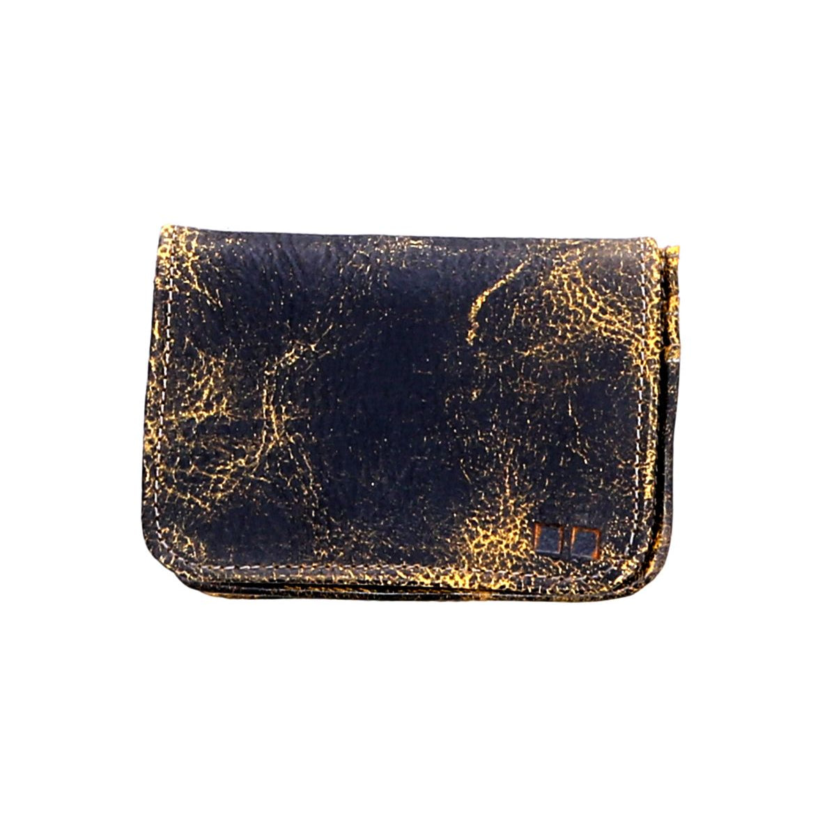 A worn, dark rustic Jeor leather card wallet by Bed|Stü, showcasing visible gold distressing and a small rectangular logo on the bottom right corner, features multiple credit card slots and is photographed against a white background.