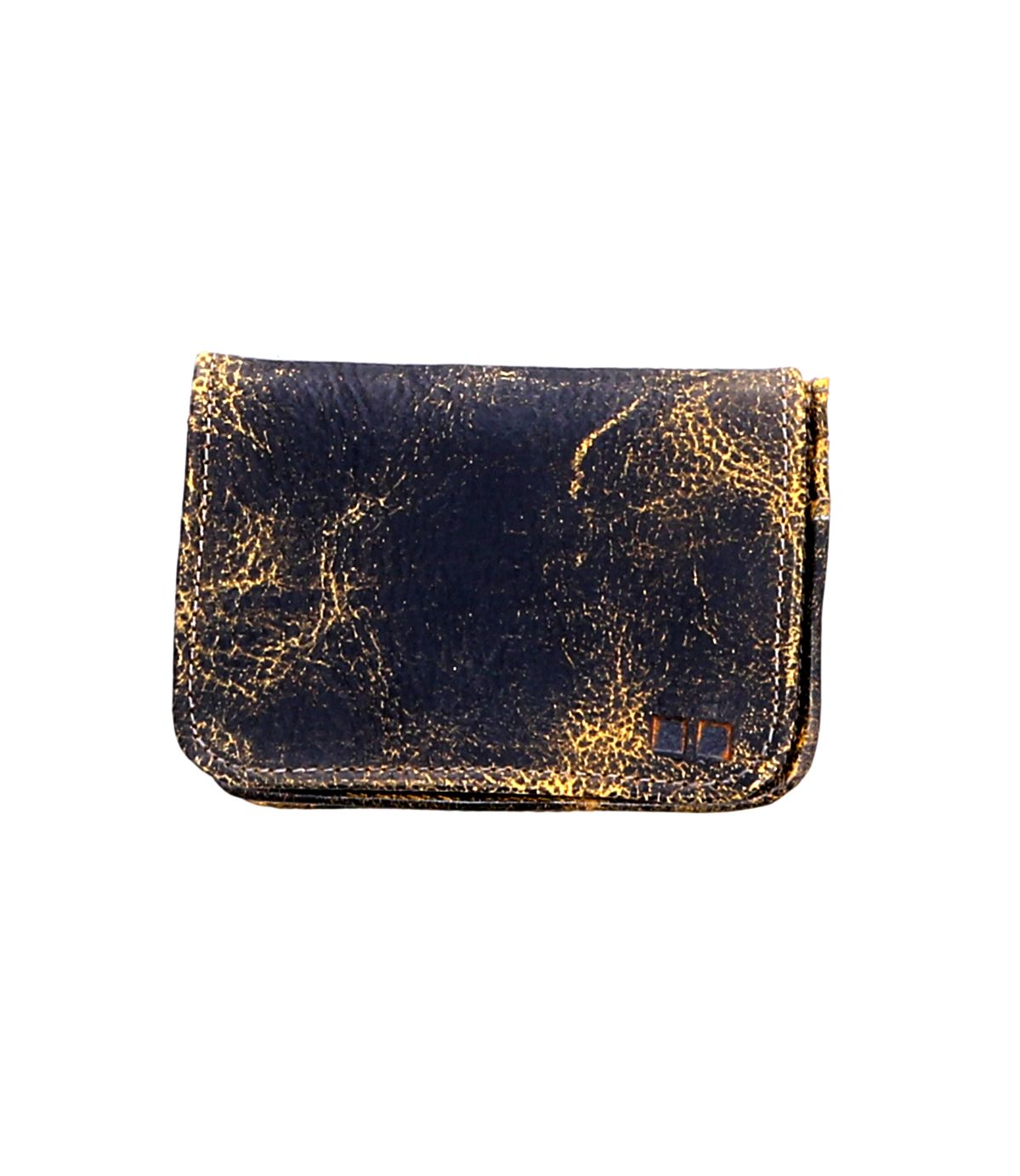 A worn, dark rustic Jeor leather card wallet by Bed|Stü, showcasing visible gold distressing and a small rectangular logo on the bottom right corner, features multiple credit card slots and is photographed against a white background.