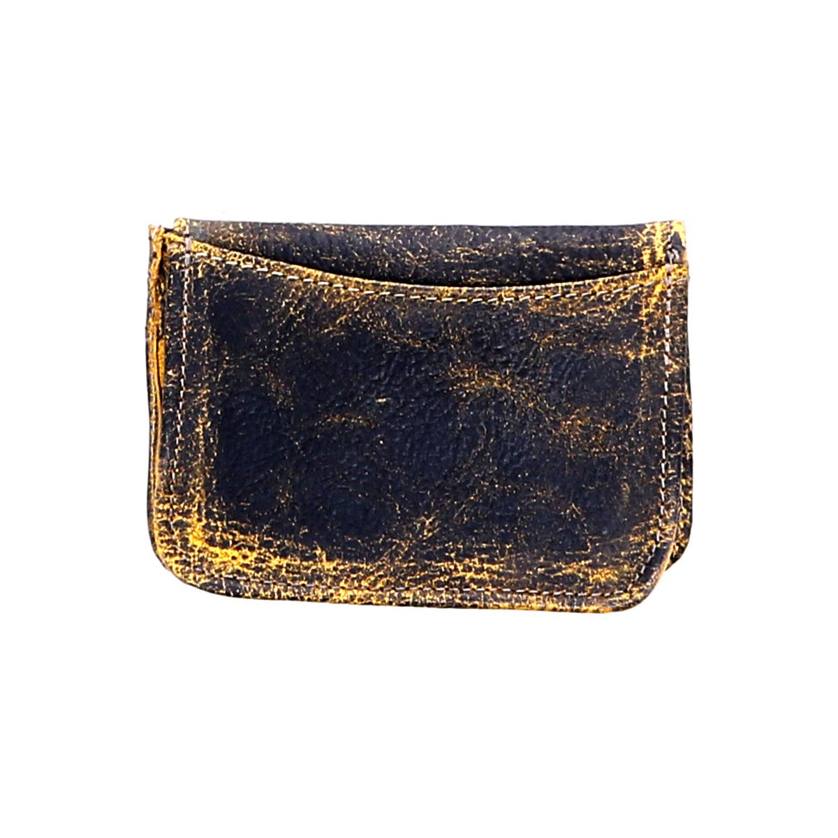 A compact Bed|Stü Jeor card wallet crafted from rustic black leather, showcasing yellowish scuffs and creases, with convenient credit card slots, displayed against a white background.