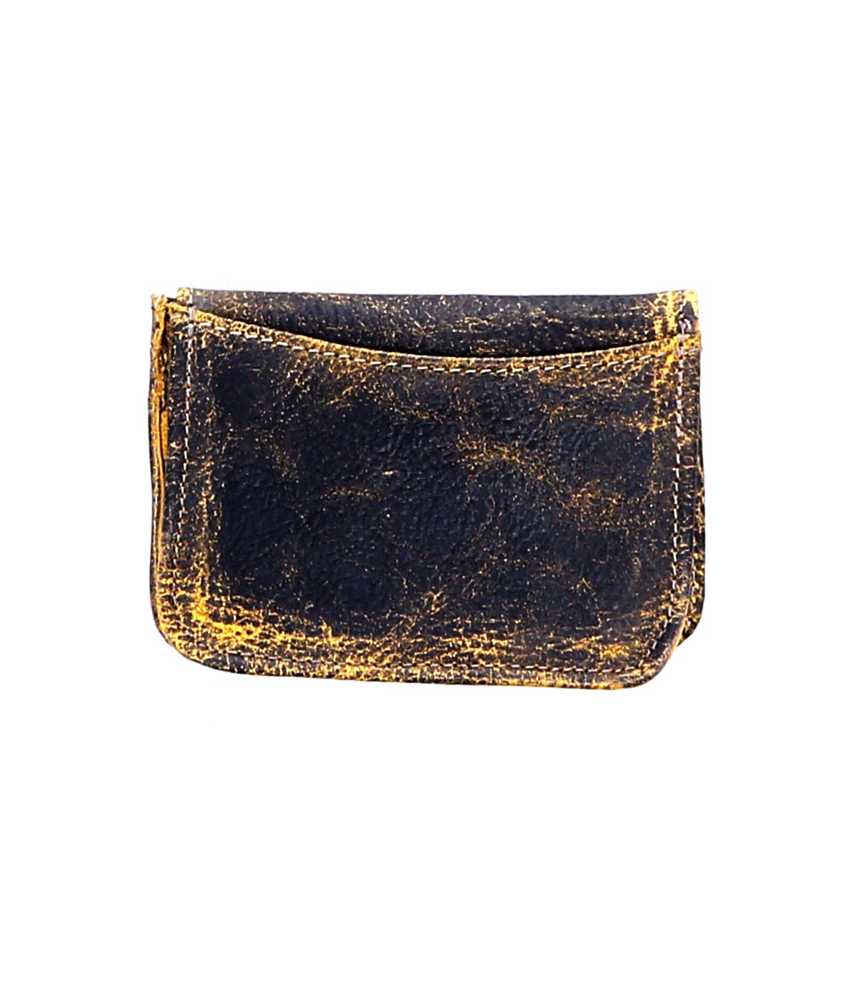 A compact Bed|Stü Jeor card wallet crafted from rustic black leather, showcasing yellowish scuffs and creases, with convenient credit card slots, displayed against a white background.