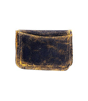A compact Bed|Stü Jeor card wallet crafted from rustic black leather, showcasing yellowish scuffs and creases, with convenient credit card slots, displayed against a white background.