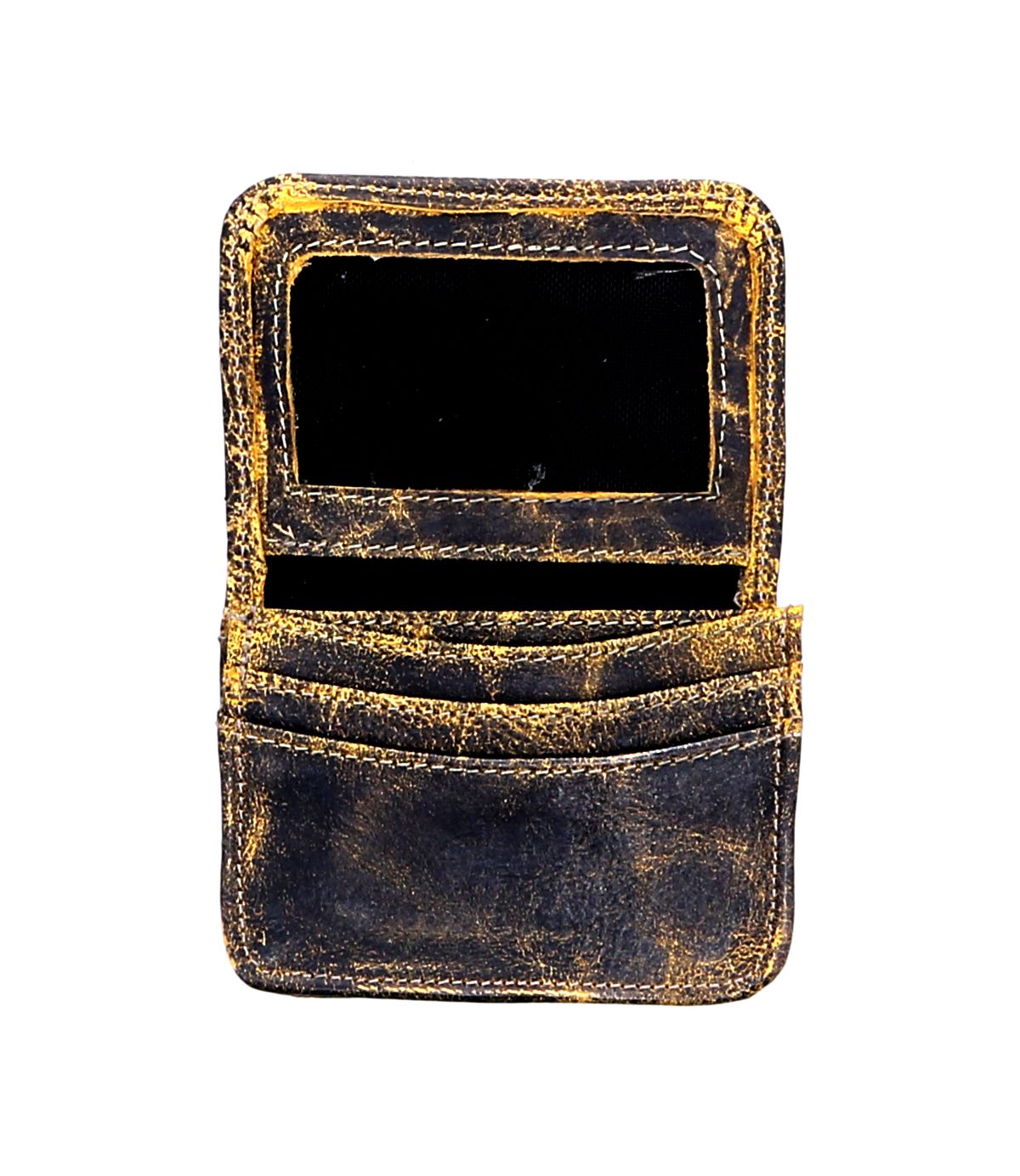 A distressed black leather card wallet by Bed|Stü, named Jeor, featuring visible yellowing and scuffs. The wallet is open to display multiple credit card slots and a clear ID window, photographed against a white background.