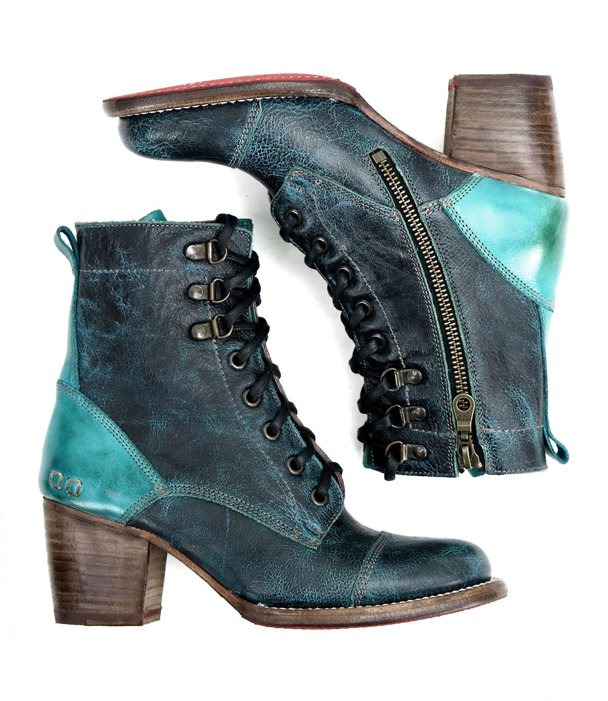 The Judgement boots by Bed|Stü are ankle-high, lace-up leather boots featuring a cap toe, teal and black leather accents, wooden block heels, side zippers, and metal eyelets.