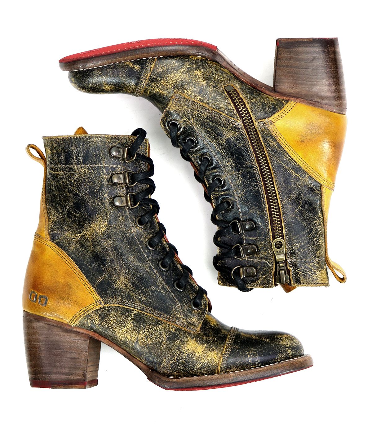 The Judgement boots by Bed|Stü are vintage-style leather lace-ups featuring cap toes, distressed black and yellow leather, side zippers, and chunky block heels.