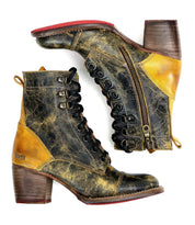 The Judgement boots by Bed|Stü are vintage-style leather lace-ups featuring cap toes, distressed black and yellow leather, side zippers, and chunky block heels.