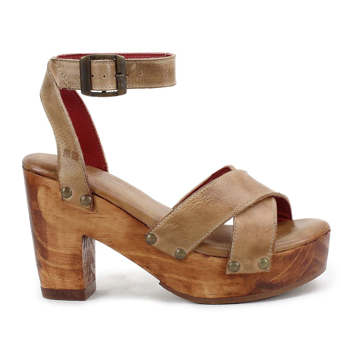The Kalah platform sandal by Bed|Stü features wide tan leather straps, an adjustable ankle strap, and a sustainably sourced wooden block heel, shown in side profile against a plain white background.