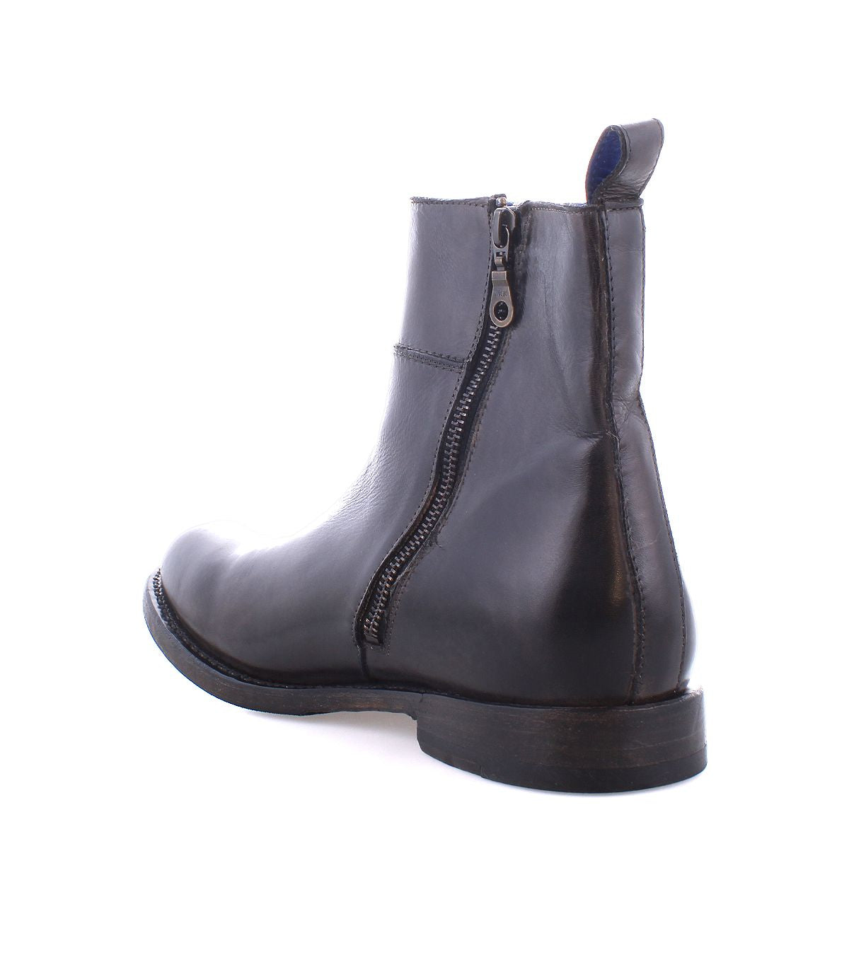 The Kaldi by Bed|Stü is a black leather ankle boot featuring a side zipper, back pull tab, round toe, and low heel—this timeless classic is shown on a white background.