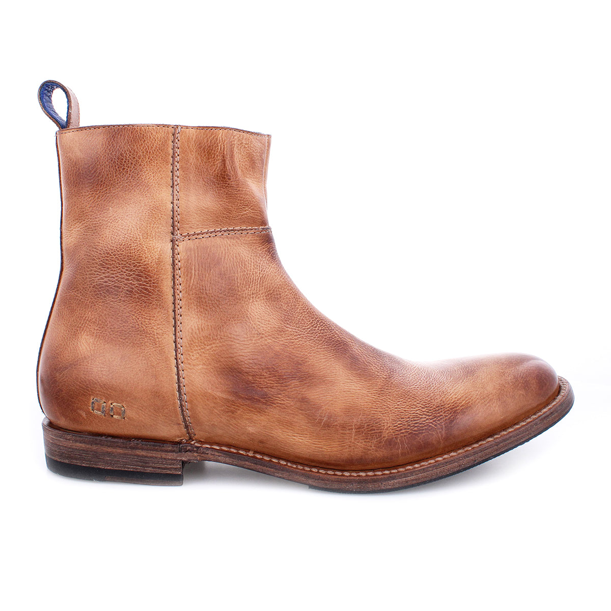 The Bed|Stü Kaldi is a brown leather ankle boot featuring a low heel, side stitching detail, a back pull tab, and a slightly worn finish—shown here in a left side profile view.