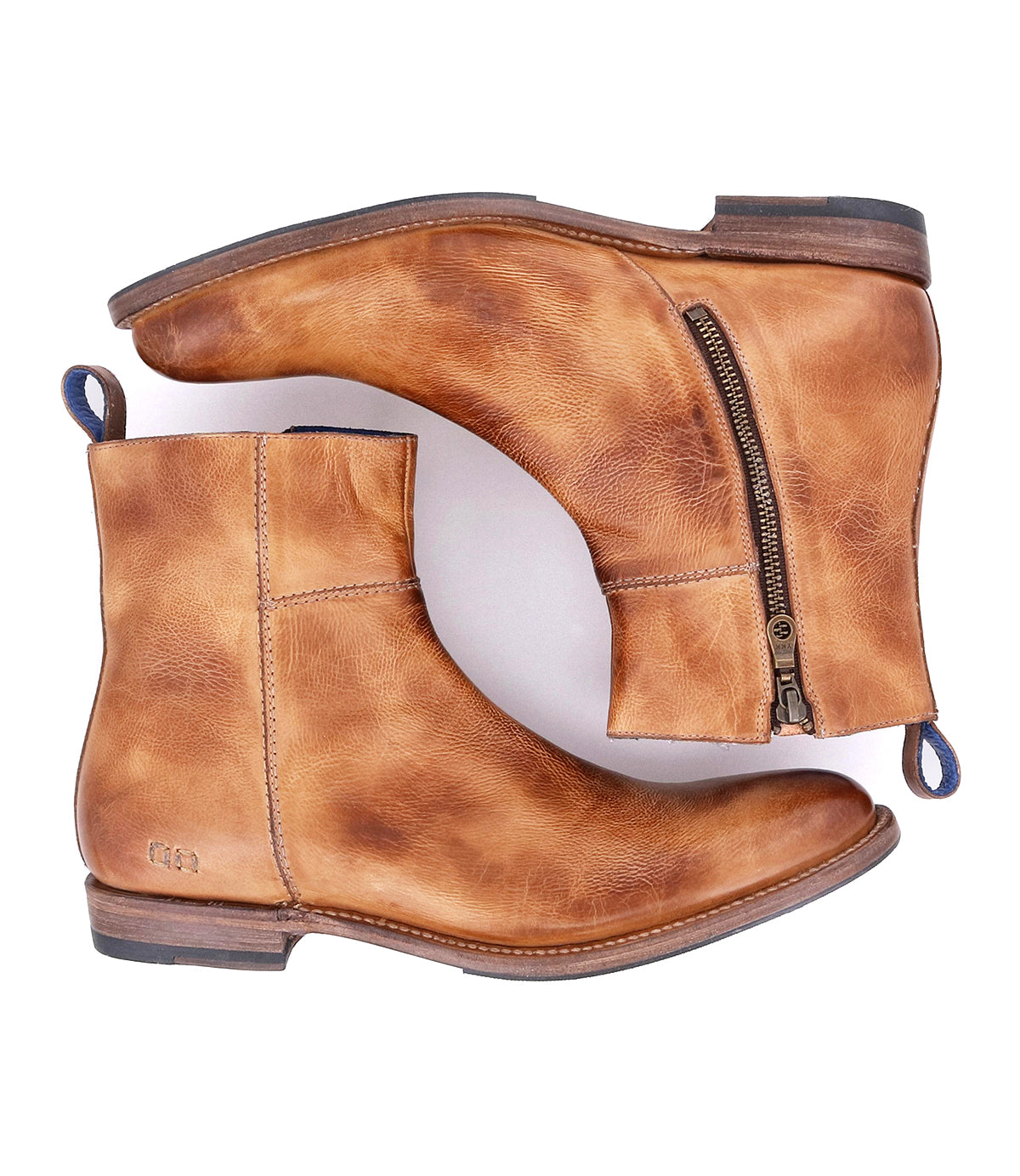 A pair of Kaldi tan leather ankle boots by Bed|Stü, featuring side zippers and blue heel loops, are displayed side by side on a white background—these classic boots effortlessly combine style and comfort.