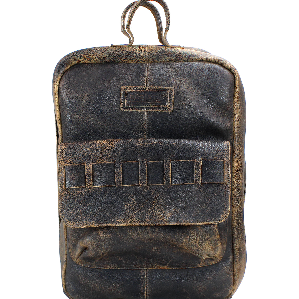 The Kamet backpack by Bed|Stü is crafted from distressed brown, vegetable-tanned leather and showcases a front pocket, stitched detailing, and a small top handle. It is photographed against a white background.