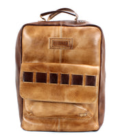 Introducing the Kamet by Bed|Stü—a rectangular laptop bag in tan and brown, featuring a front pocket, top handle, signature decorative square cutouts, visible stitching, and expertly crafted from premium vegetable-tanned leather.