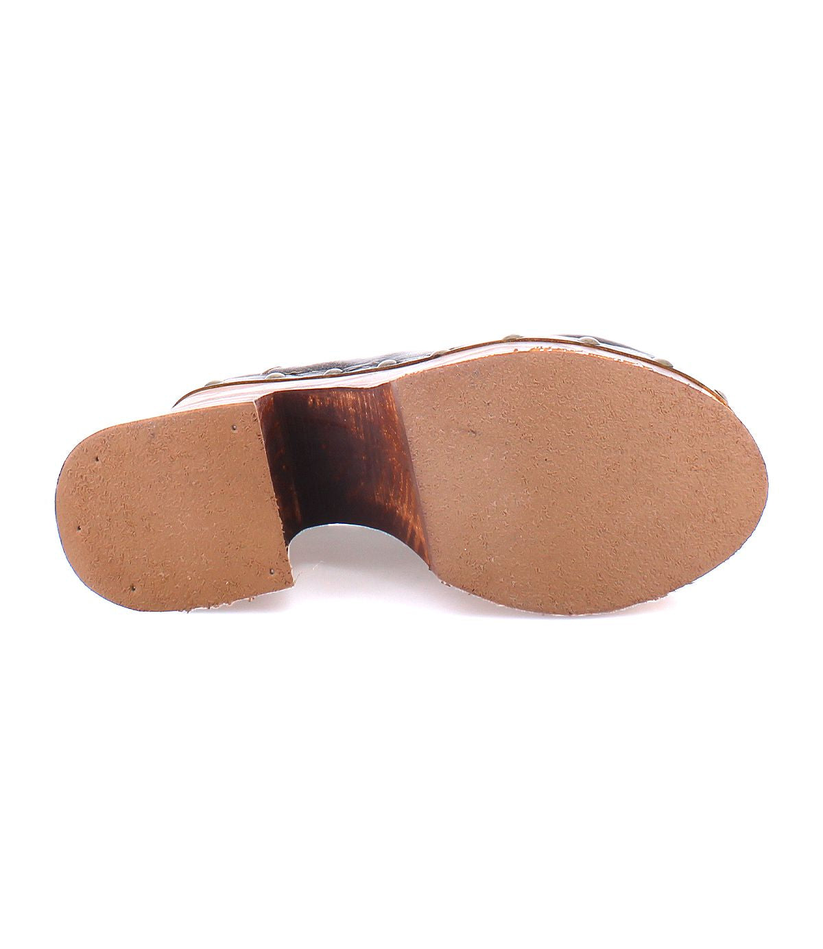 The image shows the bottom view of a single Bed|Stü Karaoke brown lace-up shoe, featuring its flat, smooth sole and a raised heel section reminiscent of a classic 70s shoe.