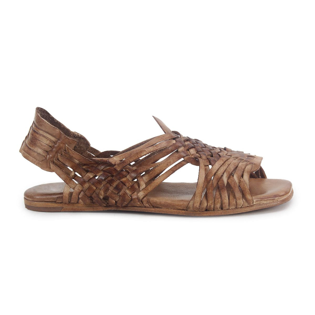 The Lauren II by Bed|Stü is a brown, hand-woven leather huarache sandal featuring woven straps and an open toe, displayed in a side profile against a white background. This handcrafted footwear showcases traditional artistry and timeless style.