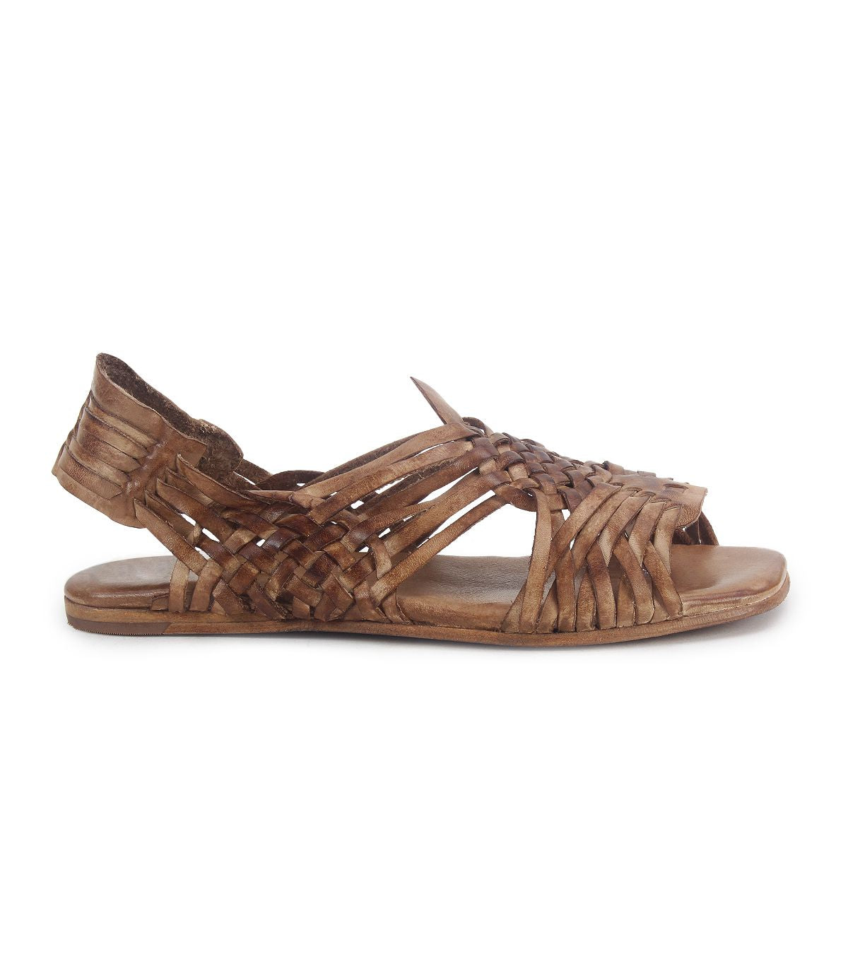 The Lauren II by Bed|Stü is a brown, hand-woven leather huarache sandal featuring woven straps and an open toe, displayed in a side profile against a white background. This handcrafted footwear showcases traditional artistry and timeless style.