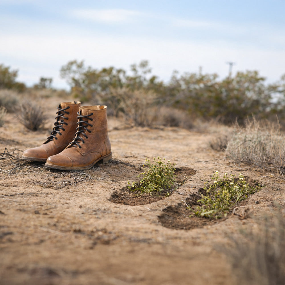 A pair of tan lace-up leather boots sits on sandy desert ground beside small wildflowers and dry brush.