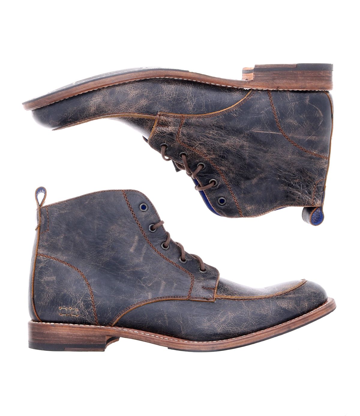A pair of Bed|Stü Lincoln II distressed dark brown men's boots with apron toes and sturdy wooden soles, displayed from the side and sole views against a white background.