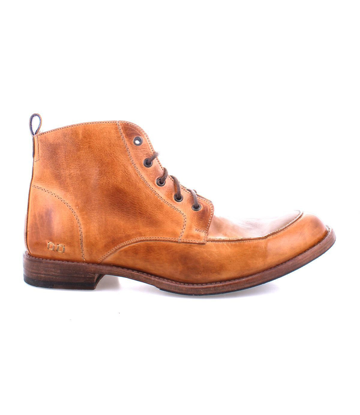 The Bed|Stü Lincoln II is a men's brown leather boot featuring an apron toe, lace-up front, side stitching accents, and a low wooden heel in a classic work-boot silhouette, displayed in profile against a white background.