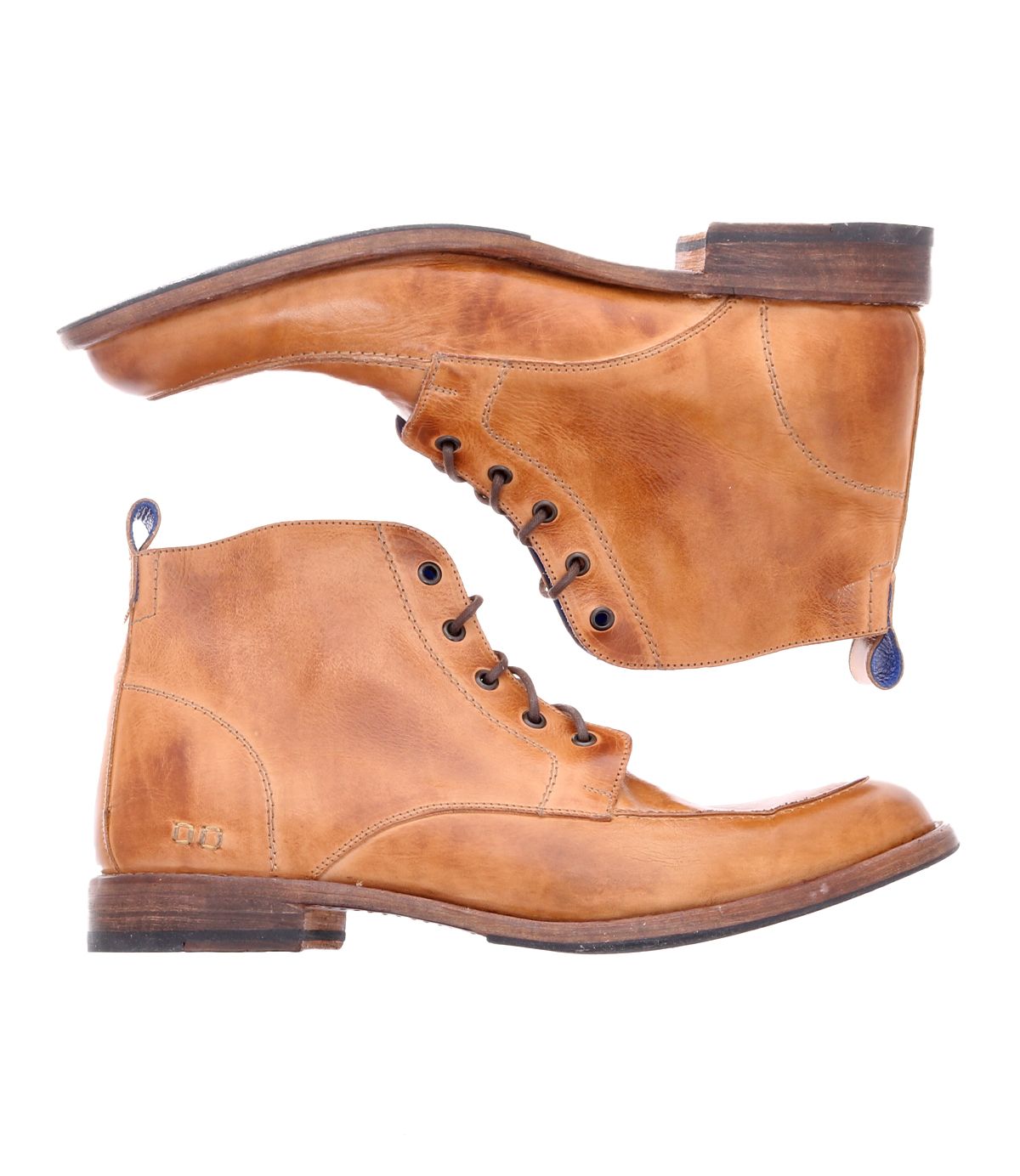 A pair of Bed|Stü Lincoln II men's boots in brown leather, showcasing an apron toe and lace-up design with robust wooden soles, are positioned sideways and facing opposite directions against a white background.