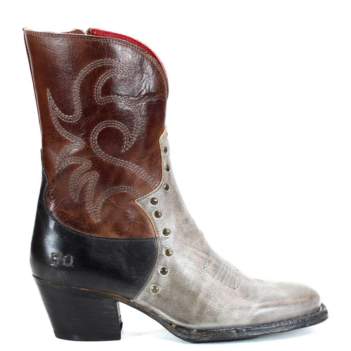 A side view of the Bed|Stü Locate Western boot, featuring a brown upper, gray midsection, black heel, and decorative flame stitching.