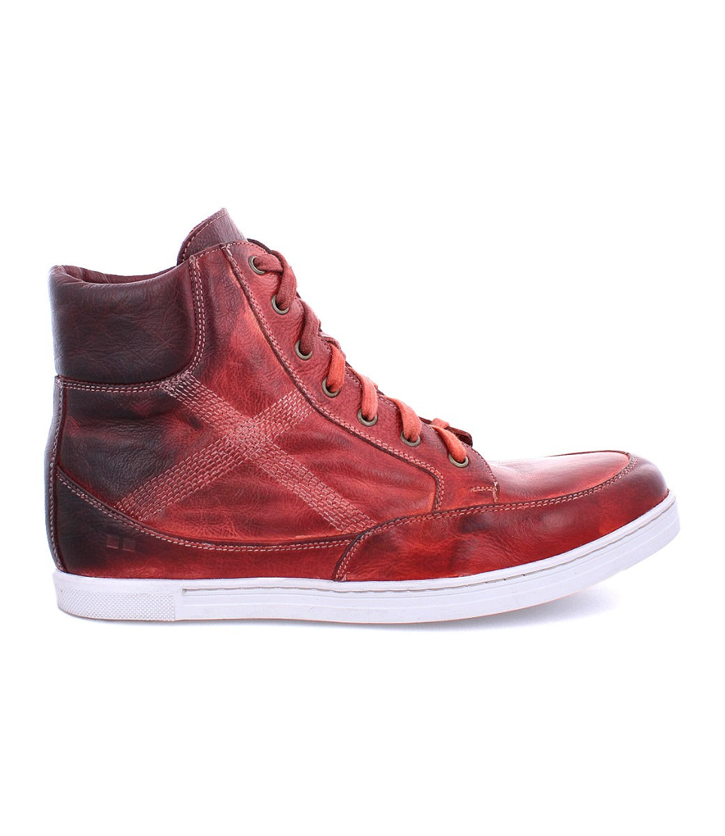 The Bed|Stü Lordmind is a red-brown leather high-top sneaker featuring classic lace-up laces, white stitching, and a white rubber sole, shown here in a side profile view.