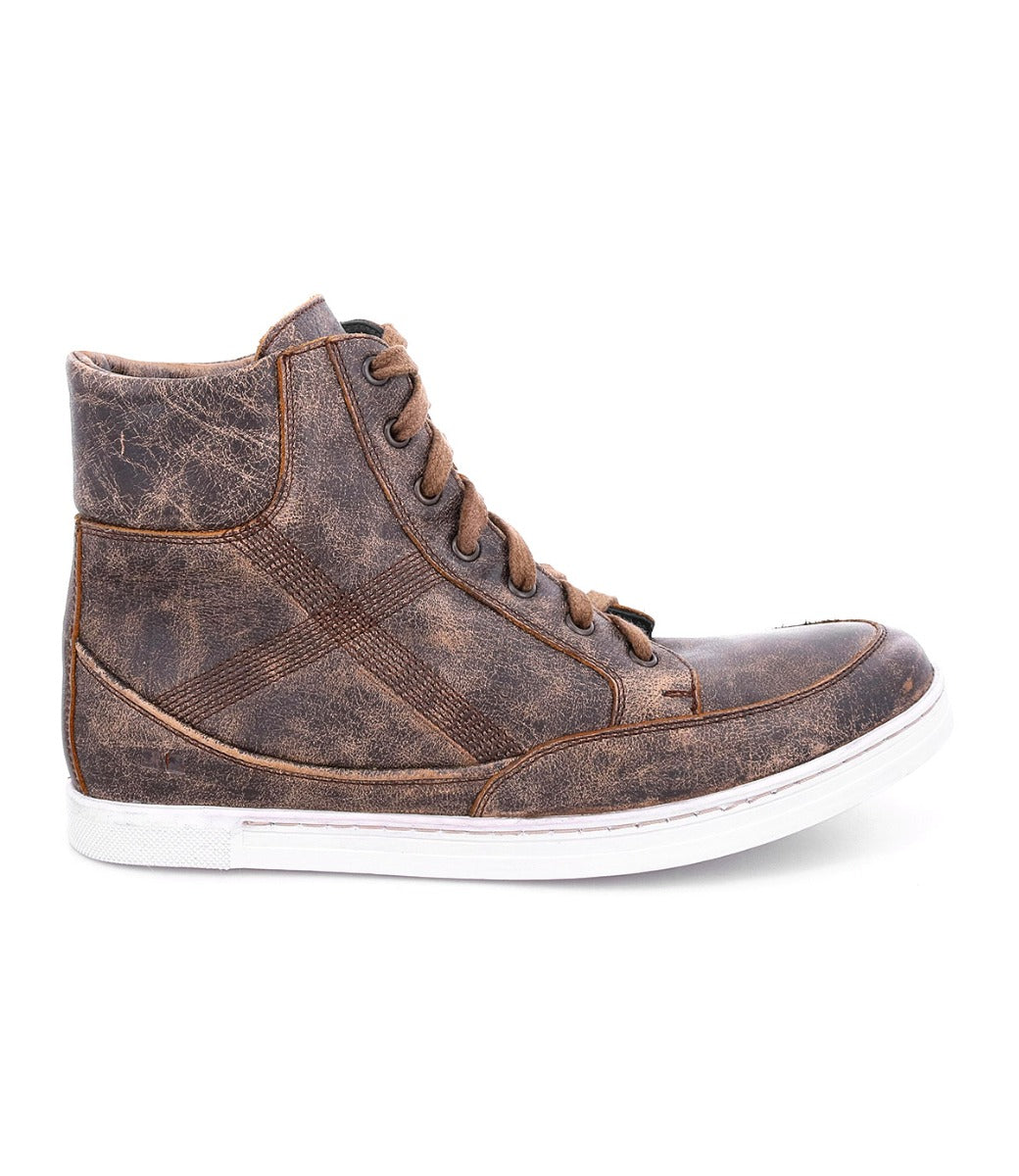 The Bed|Stü Lordmind is a brown high-top sneaker featuring a worn leather finish, classic lace-up design with brown laces, and a white rubber sole. Shown from the side against a white background, this timeless leather shoe is perfect for those seeking cushioned footwear.
