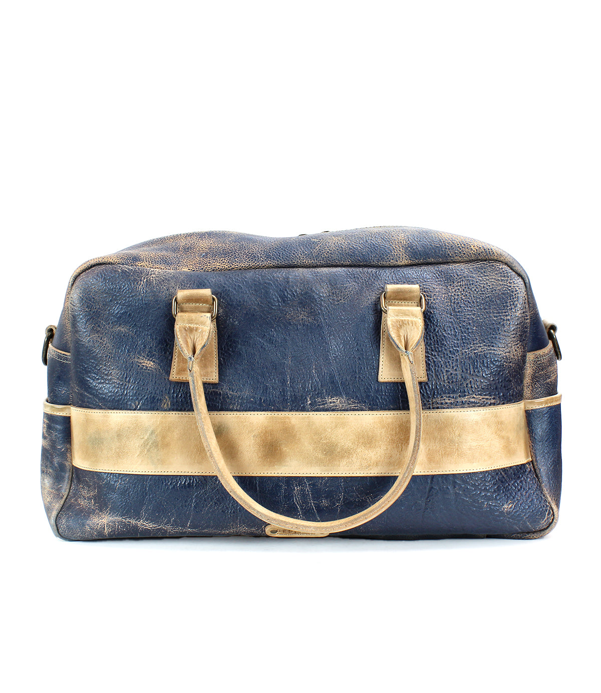 The Luke by Bed|Stü is a blue, oversized duffle bag crafted from vegetable tanned leather, featuring gold-tone handles and a striking gold horizontal stripe, shown against a white background.