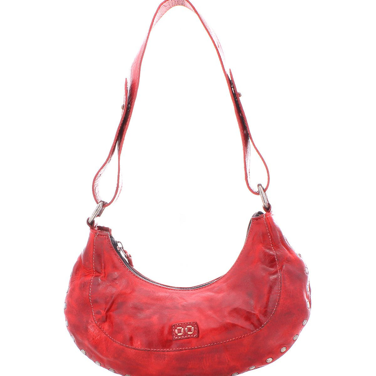 The Madre by Bed|Stü is a bold, red leather hobo-style handbag featuring a wide shoulder strap, decorative stitching, small metal studs, and a zippered top closure—this edgy statement piece is photographed against a white background.