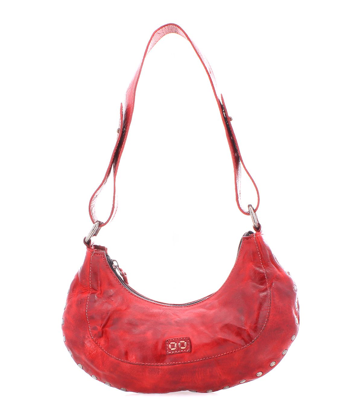 The Madre by Bed|Stü is a bold, red leather hobo-style handbag featuring a wide shoulder strap, decorative stitching, small metal studs, and a zippered top closure—this edgy statement piece is photographed against a white background.