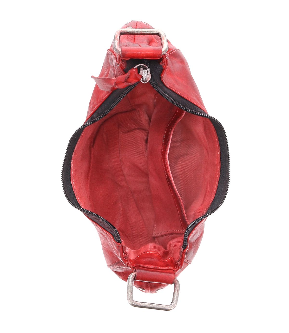 Top view of an open Madre handbag by Bed|Stü in statement-making red, featuring a zipper closure and metal studs for an edgy touch. The image displays an empty main compartment alongside a smaller inner pocket.