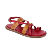 The Manati II by Bed|Stü is a handcrafted red and tan leather sandal featuring multiple straps, an ankle buckle, an open toe, and a flat sole for a barefoot feel, displayed on a white background.
