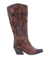The Bed|Stü Meadow boot is a brown leather cowgirl style featuring decorative black stitching, a pointed toe, and an angled heel—shown in profile on a white background—ideal for those seeking classic leather cowgirl boots with timeless style.