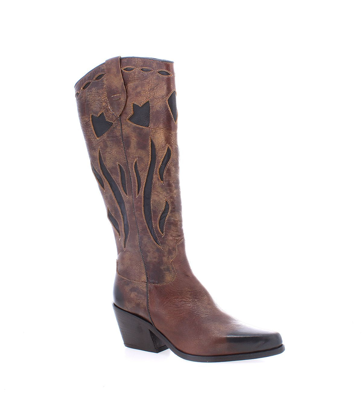 The Bed|Stü Meadow boot is a brown leather cowgirl boot featuring decorative stitching, a pointed toe, and a medium-height angled heel, photographed on a white background. Inspired by traditional leather cowgirl boots, the Meadow blends timeless Western style with modern craftsmanship.