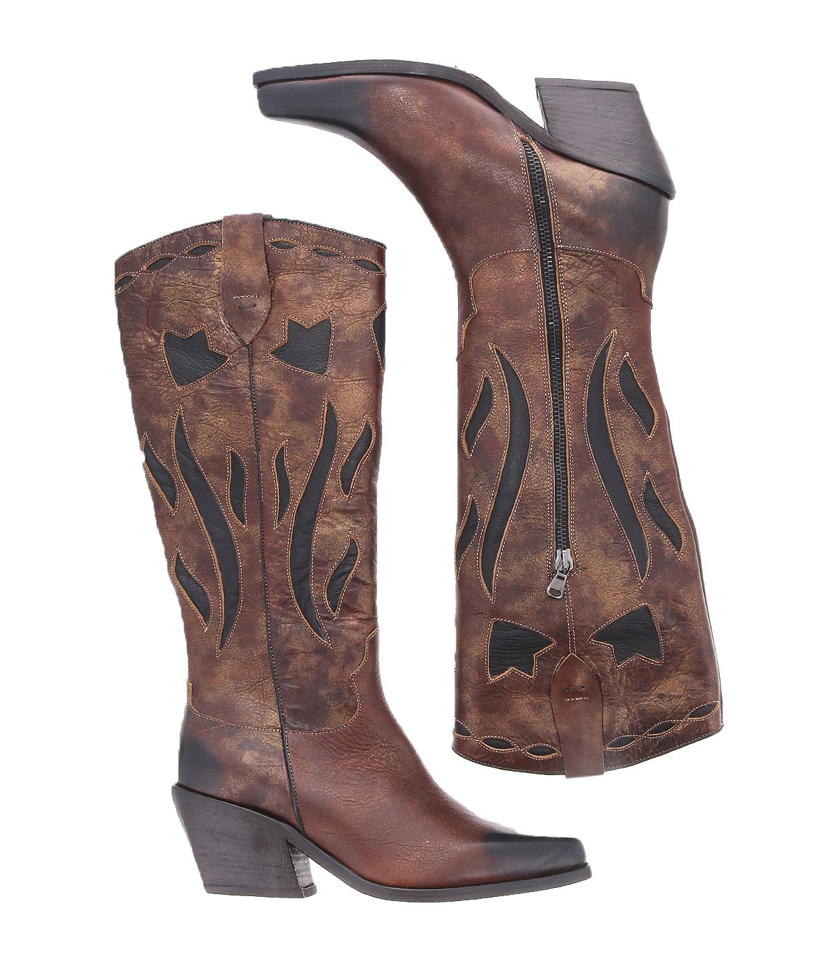 A single handcrafted Italian "Meadow" boot by Bed|Stü is shown from the side, featuring brown leather with flame-like black cutout designs, pointed toes, an angled heel, and a visible zipper.