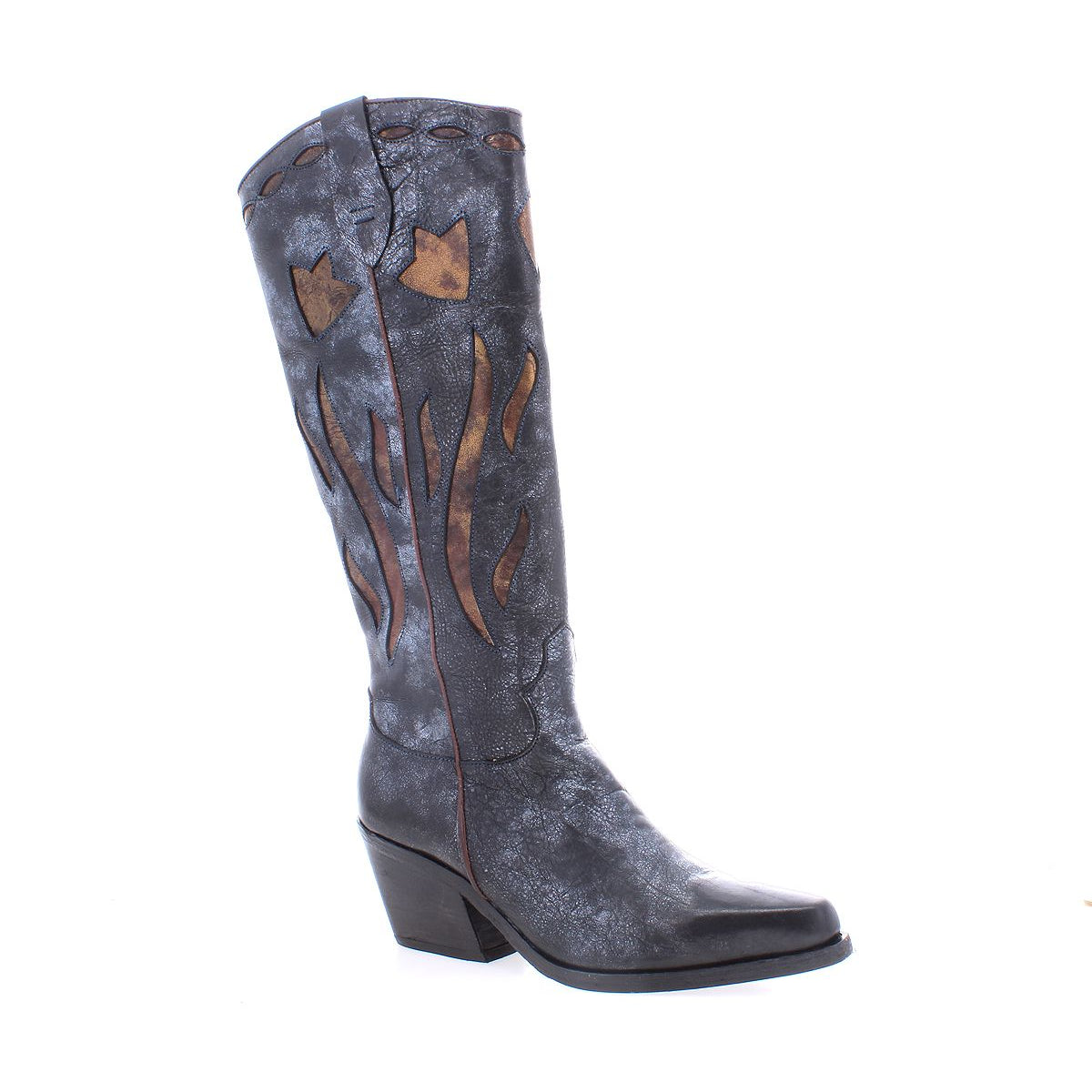 Introducing Meadow by Bed|Stü: a single black and brown cowgirl boot featuring a pointed toe, mid-height angled heel, and decorative flame and cat-shaped cutouts on the shaft, expertly crafted in the timeless style of classic leather cowgirl boots.